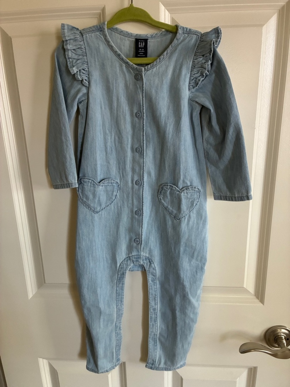 GAP Light Blue Denim Romper with Heart Pockets